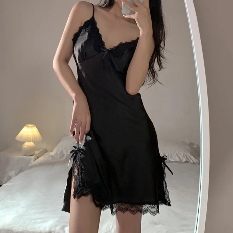 Women Sexy Lace V-neck Silk Sleepwear