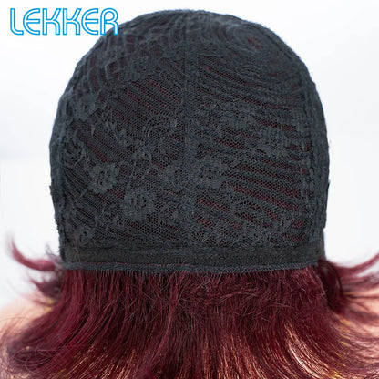 Lekker Colored Short Pixie Cut Straight Bob 100% Human Hair Wigs With Bangs For Women Brazilian Remy Hair Burgundy Red Clearance
