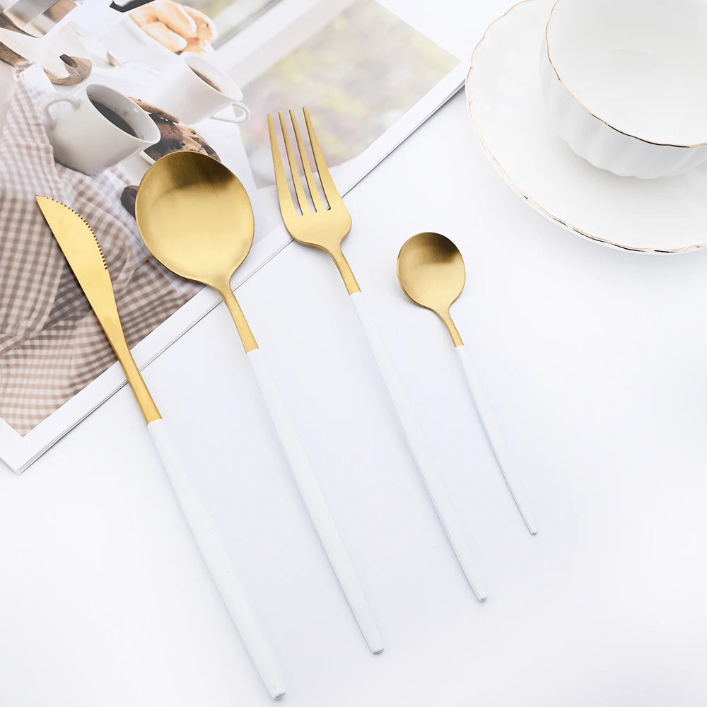 16Pcs Gold Matte Cutlery Set Knife Fork Spoons Dinnerware Set Stainless Steel Tableware