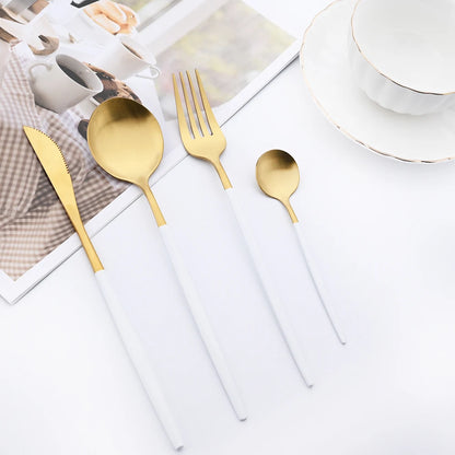 16Pcs Gold Matte Cutlery Set Knife Fork Spoons Dinnerware Set Stainless Steel Tableware