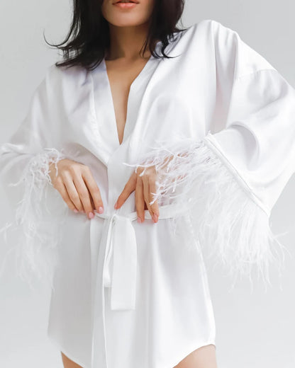 Feather Bathrobes Satin Sexy Mini Dress Long Sleeve