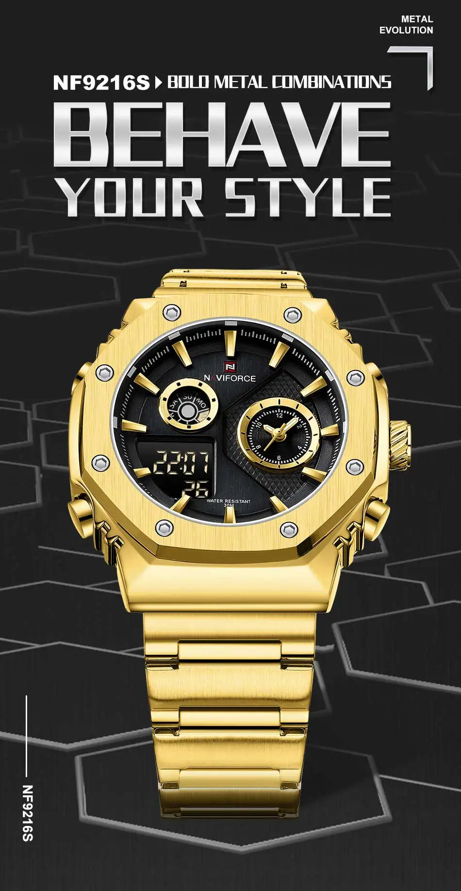 NAVIFORCE Men's Sport Watch Stainless Steel Strap Waterproof Quartz