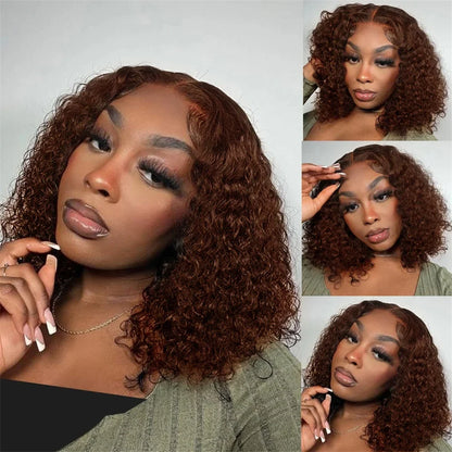 13x4 Lace Front Wigs Brazilian Dark Brown Curly Bob Wig Short Deep Wave Human Hair