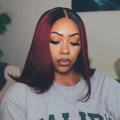 Burgundy Red Straight Bob T Part Lace Front Human Hair Wig