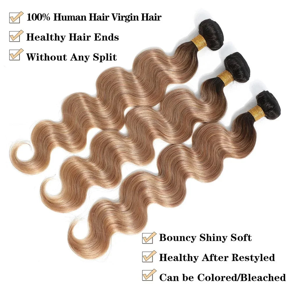 Ombre Color Body Wave Human Hair Bundles with closure 100% Unprocessed Virgin Hair 1b/4/27 Colored Bundles human Hair Extension