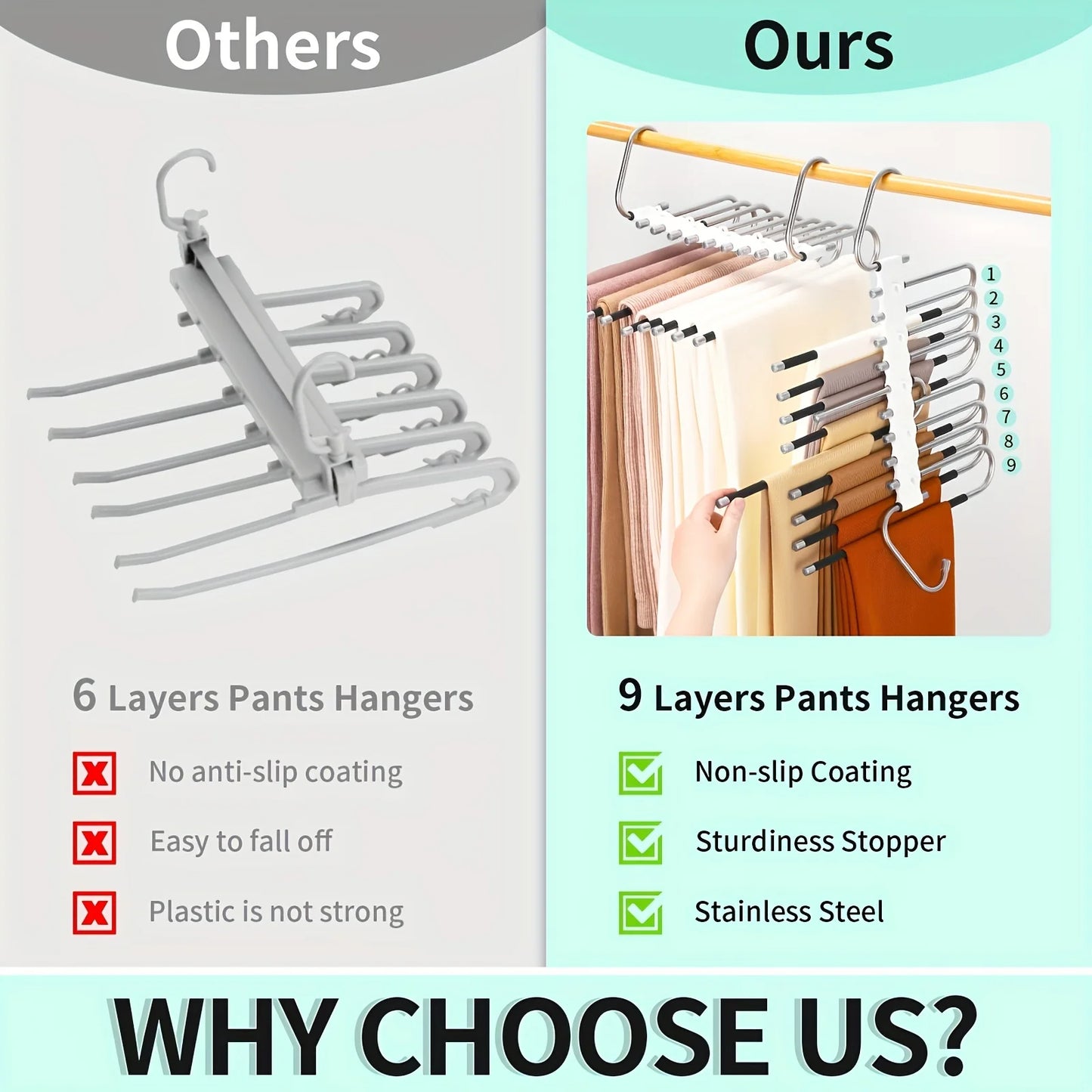 9-layer folding polished stainless steel pants rack storage tool