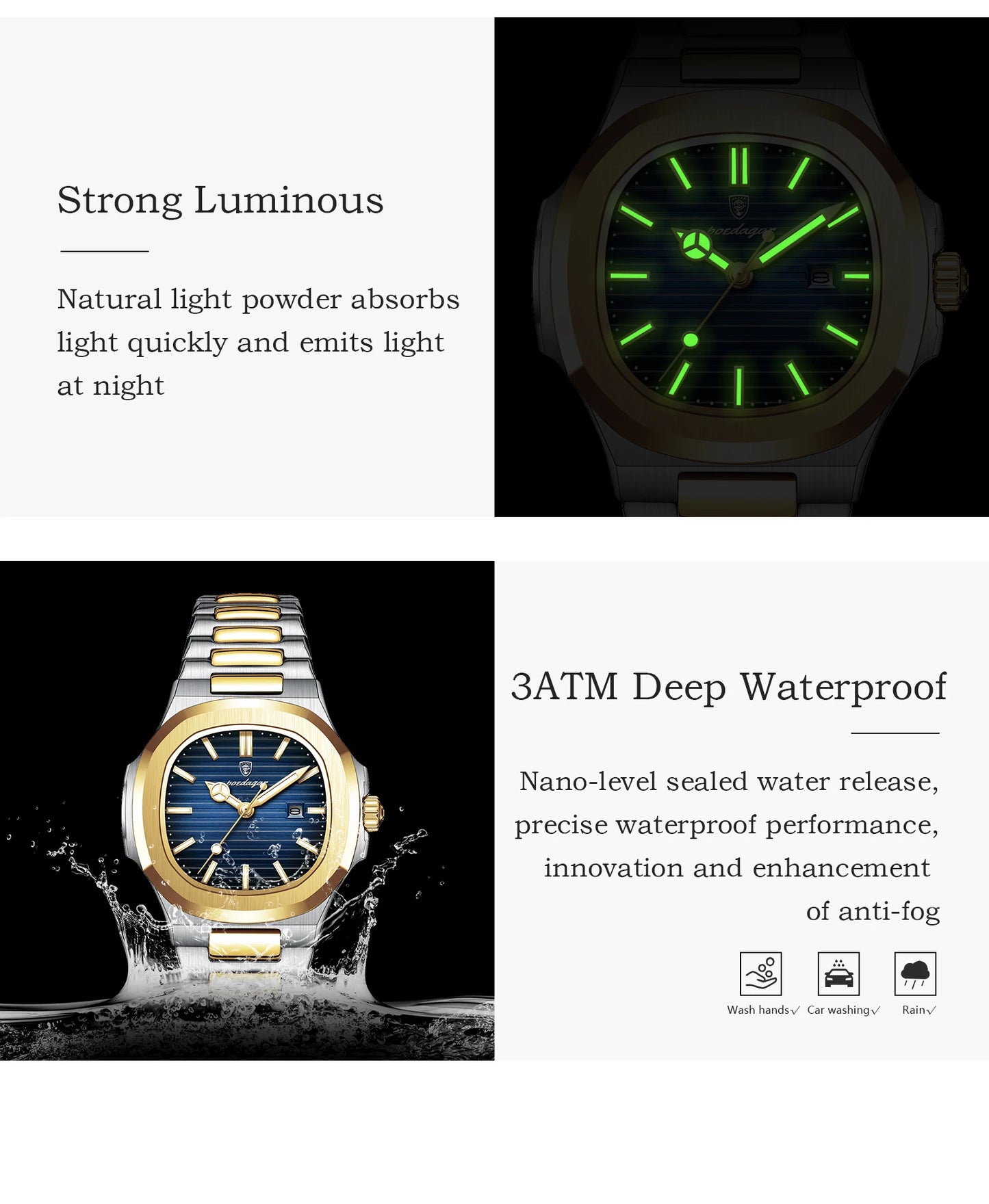 POEDAGAR Luxury Square Watch for Woman Waterproof Luminous