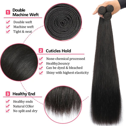 Straight Human Hair Bundles With Frontal Indian Hair Weave 3 Bundles With Lace Closure Wavy Human Hair Extensions Natural Color