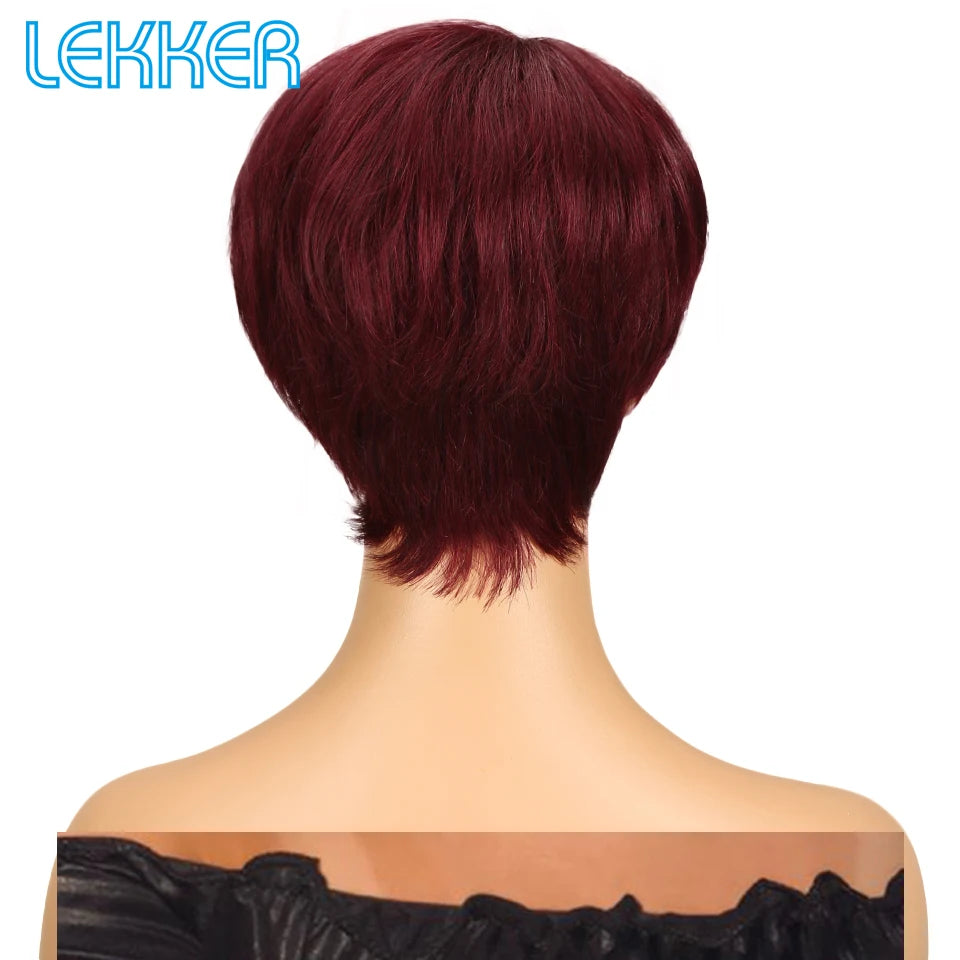 Lekker Colored Short Pixie Cut Straight Bob 100% Human Hair Wigs With Bangs For Women Brazilian Remy Hair Burgundy Red Clearance
