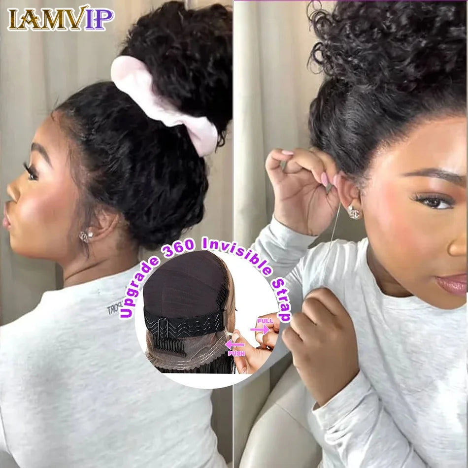 Drawstring Snug Brazilian 250 Density Kinky Curly Wig Invisi Strap 360 Full Lace Frontal 30 inch Human Hair Water Wig Preplucked