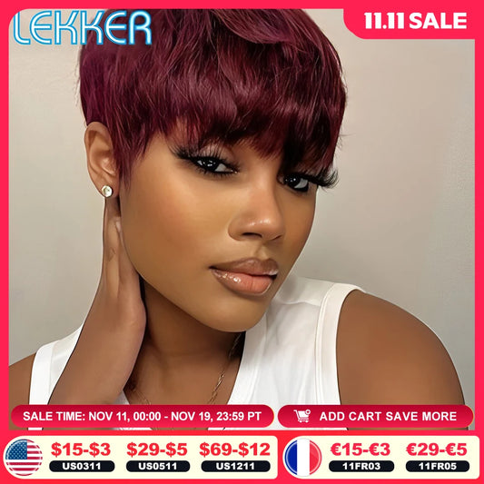Lekker Colored Short Pixie Cut Straight Bob 100% Human Hair Wigs With Bangs For Women Brazilian Remy Hair Burgundy Red Clearance