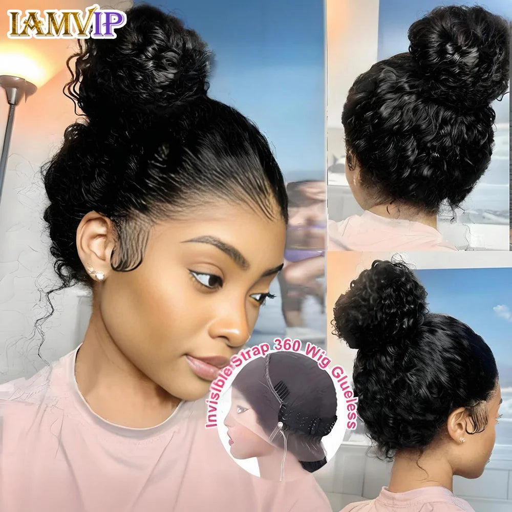 250 Density HD Invisi Strap 360 Full Lace Frontal Kinky Curly Wig 30 inch Black Human Hair Drawstring Snug Water Wig Glueless