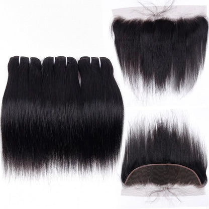 Brazilian Bone Straight Hair Bundles With Frontal Closure 100% Human Hair 3 Bundles With 13X4 Transparent Ear To Ear Lace Front