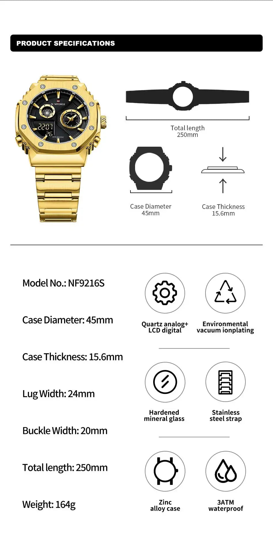 NAVIFORCE Men's Sport Watch Stainless Steel Strap Waterproof Quartz