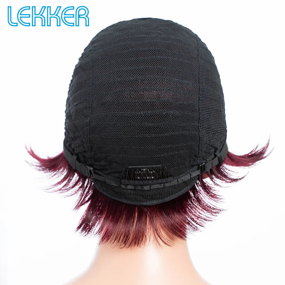 Lekker Colored Short Pixie Cut Straight Bob 100% Human Hair Wigs With Bangs For Women Brazilian Remy Hair Burgundy Red Clearance