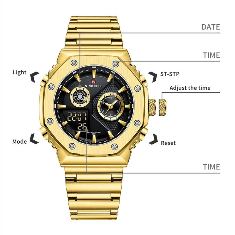 NAVIFORCE Men's Sport Watch Stainless Steel Strap Waterproof Quartz