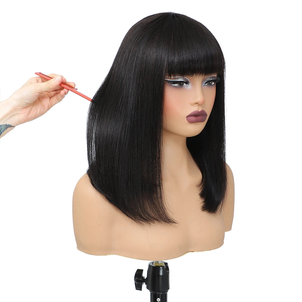 Short Bob Wig with Bangs Straight Human Hair 180% Density