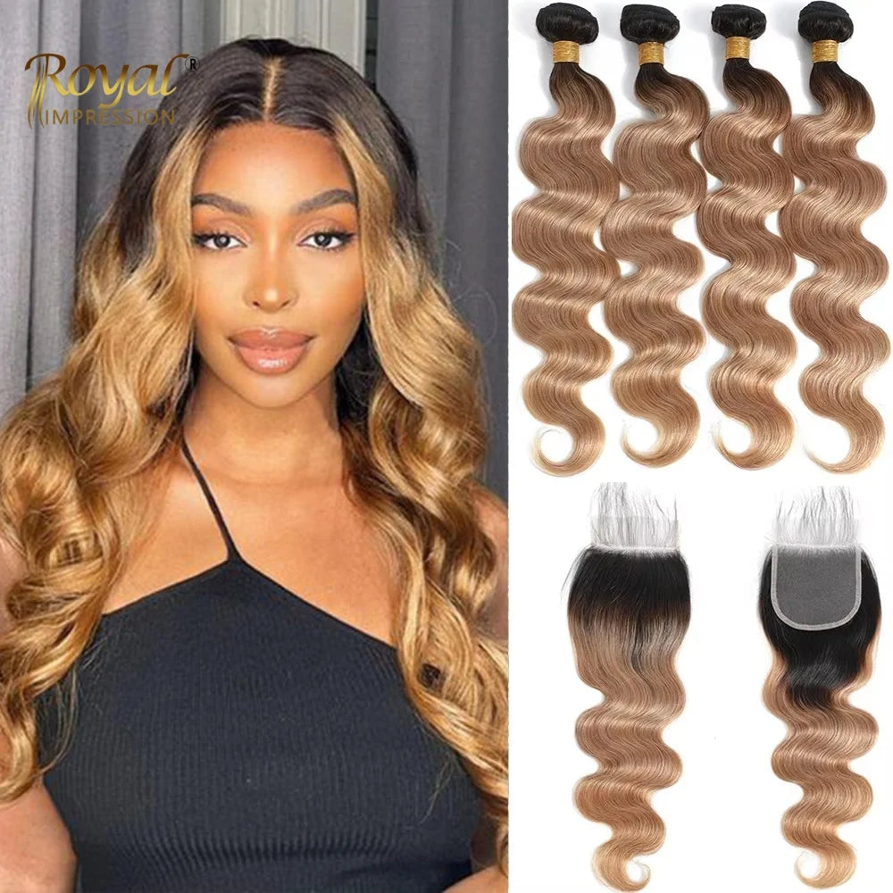 Ombre Color Body Wave Human Hair Bundles with closure 100% Unprocessed Virgin Hair 1b/4/27 Colored Bundles human Hair Extension