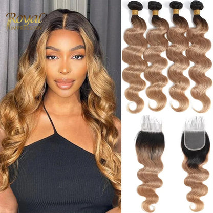 Ombre Color Body Wave Human Hair Bundles with closure 100% Unprocessed Virgin Hair 1b/4/27 Colored Bundles human Hair Extension