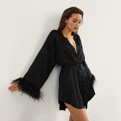 Feather Bathrobes Satin Sexy Mini Dress Long Sleeve