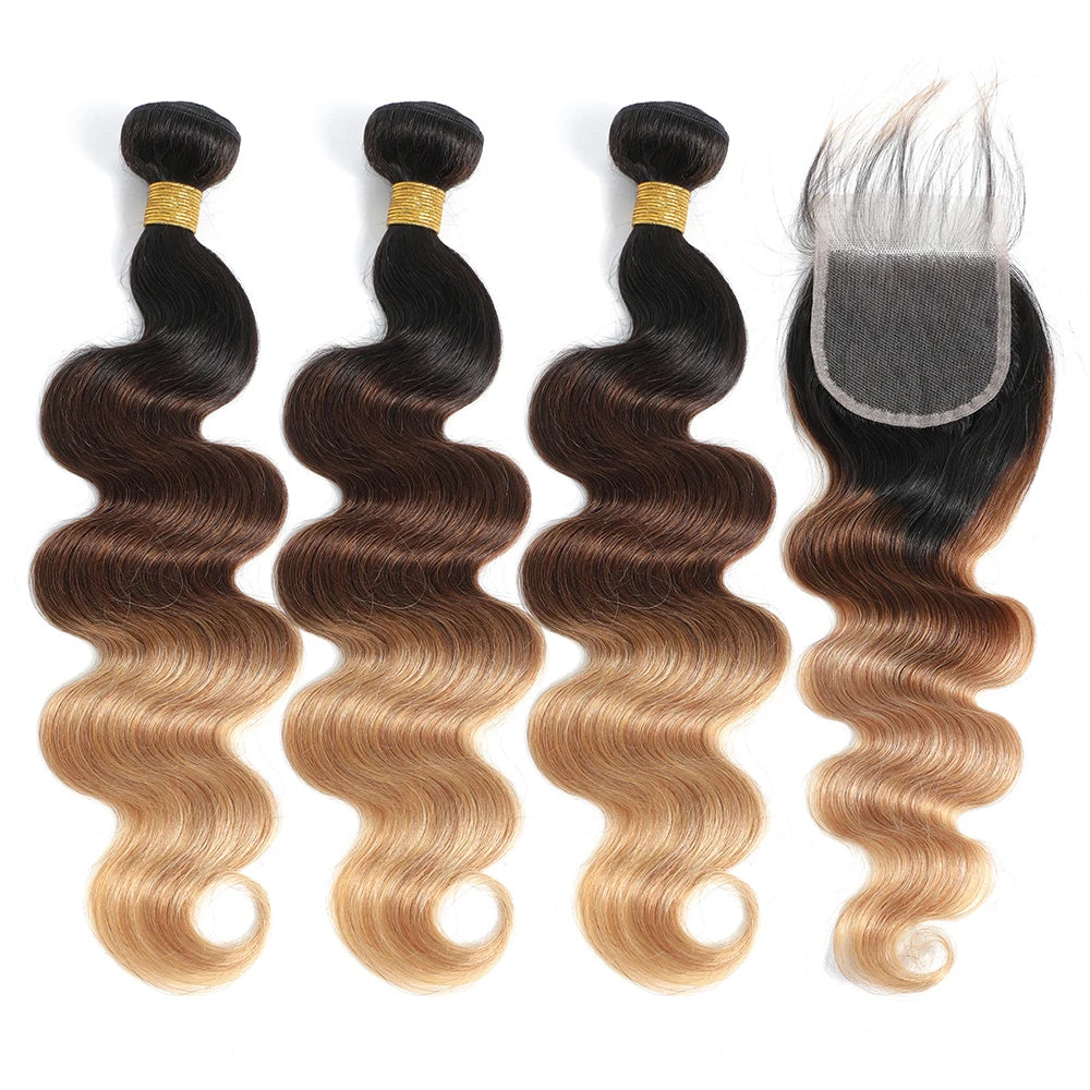 Ombre Color Body Wave Human Hair Bundles with closure 100% Unprocessed Virgin Hair 1b/4/27 Colored Bundles human Hair Extension
