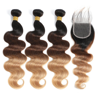 Ombre Color Body Wave Human Hair Bundles with closure 100% Unprocessed Virgin Hair 1b/4/27 Colored Bundles human Hair Extension