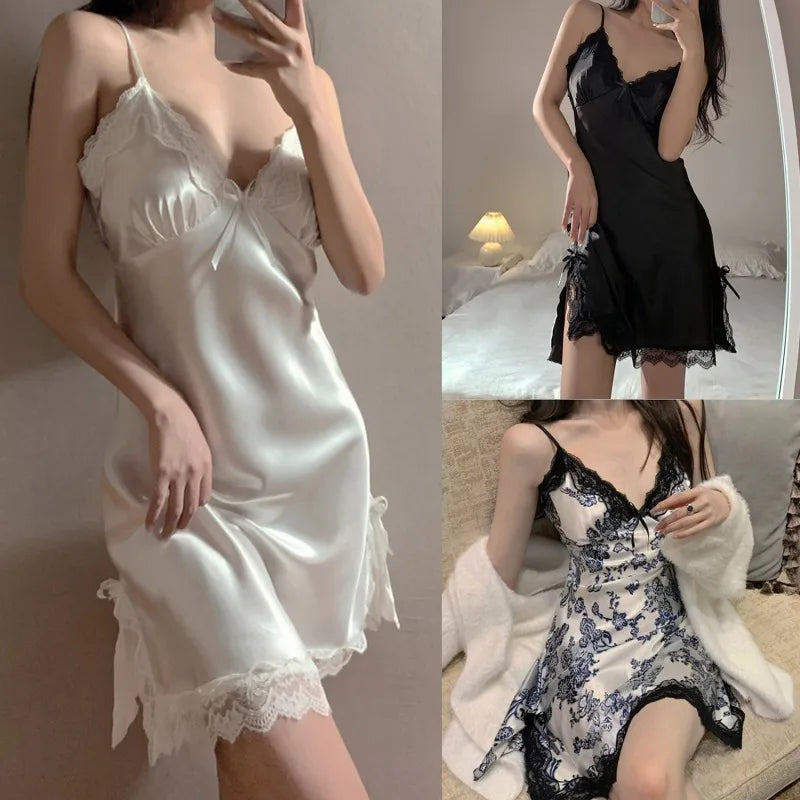 Women Sexy Lace V-neck Silk Sleepwear