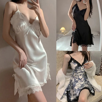 Women Sexy Lace V-neck Silk Sleepwear