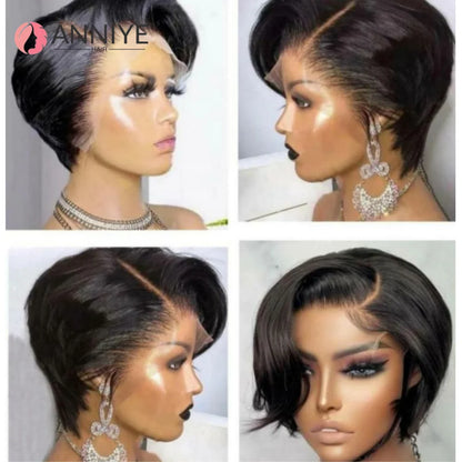 180% Pixie Cut Short Bob Wig Bone Straight Brazilian Hair Pixie Cut Wig Side Part 13x4 Hd Transparent Lace Front Human Hair Wigs