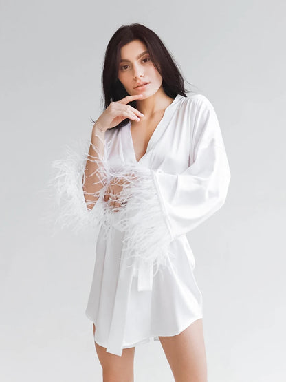 Feather Bathrobes Satin Sexy Mini Dress Long Sleeve