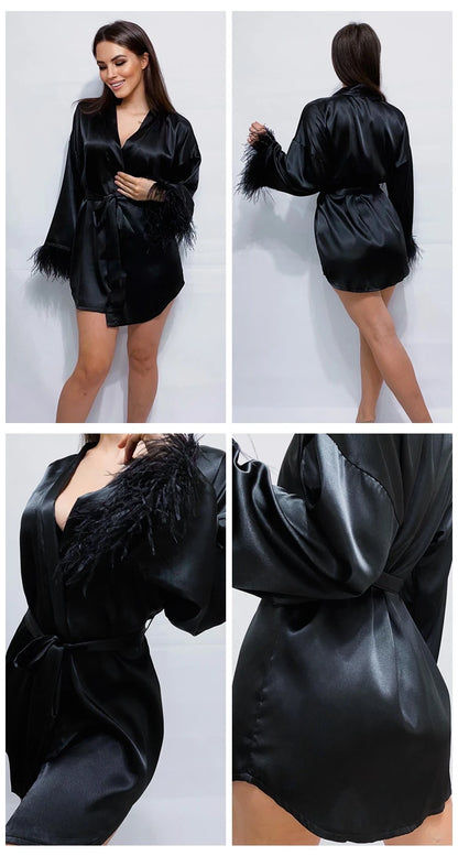 Feather Bathrobes Satin Sexy Mini Dress Long Sleeve