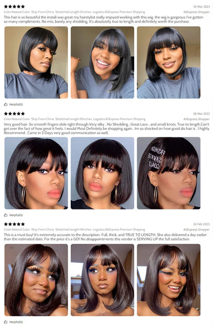 Short Bob Wig with Bangs Straight Human Hair 180% Density