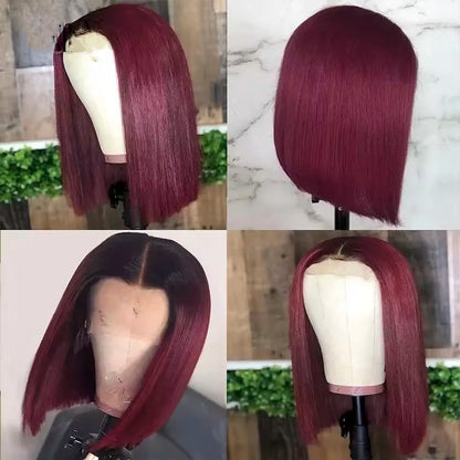 Burgundy Red Straight Bob T Part Lace Front Human Hair Wig
