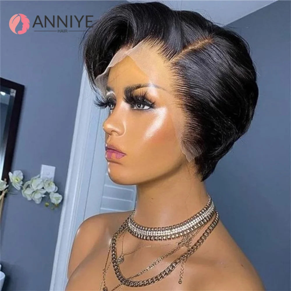 180% Pixie Cut Short Bob Wig Bone Straight Brazilian Hair Pixie Cut Wig Side Part 13x4 Hd Transparent Lace Front Human Hair Wigs