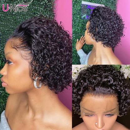 13x1 Lace Pixie Cut Wig 100% Human Hair Short Curly Wigs for Women Wavy Afro Wigs