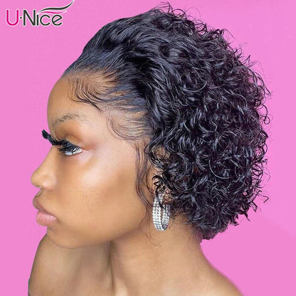 13x1 Lace Pixie Cut Wig 100% Human Hair Short Curly Wigs for Women Wavy Afro Wigs