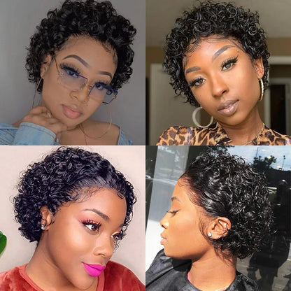 13x1 Lace Pixie Cut Wig 100% Human Hair Short Curly Wigs for Women Wavy Afro Wigs