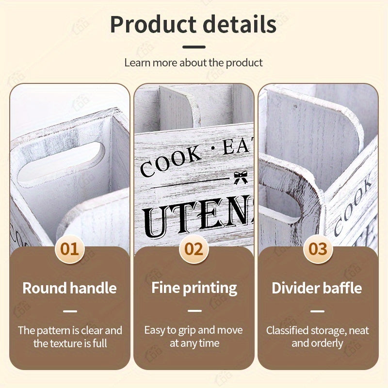 3-Compartment LDQ Rustic Wooden Kitchen Utensil Holder