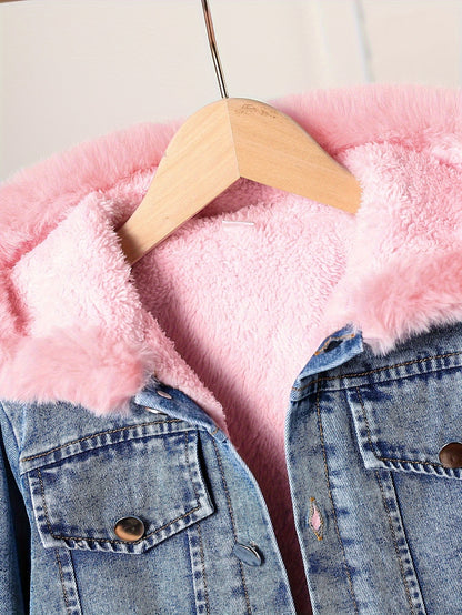 Girls Long-Sleeve Hooded Fleece-Lined Denim Jacket