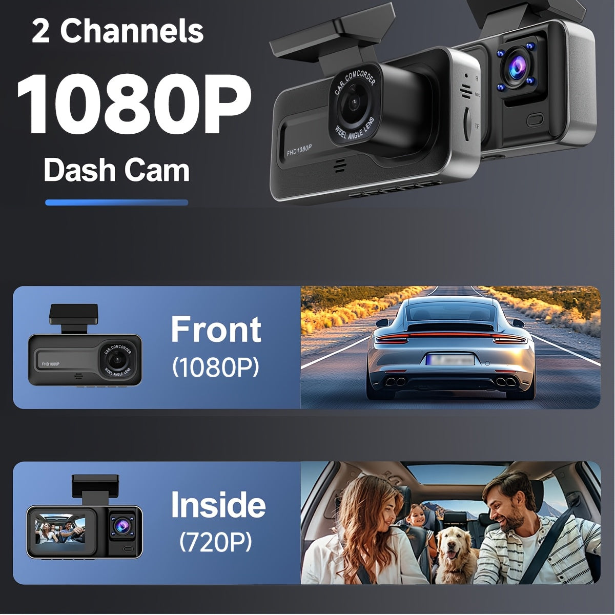Car Dashcam with Dual Lens 1080P+720P HD Night Vision