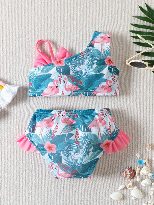 Girls' Fashion Bikini Set with Off-Shoulder Bow, Flamingo
