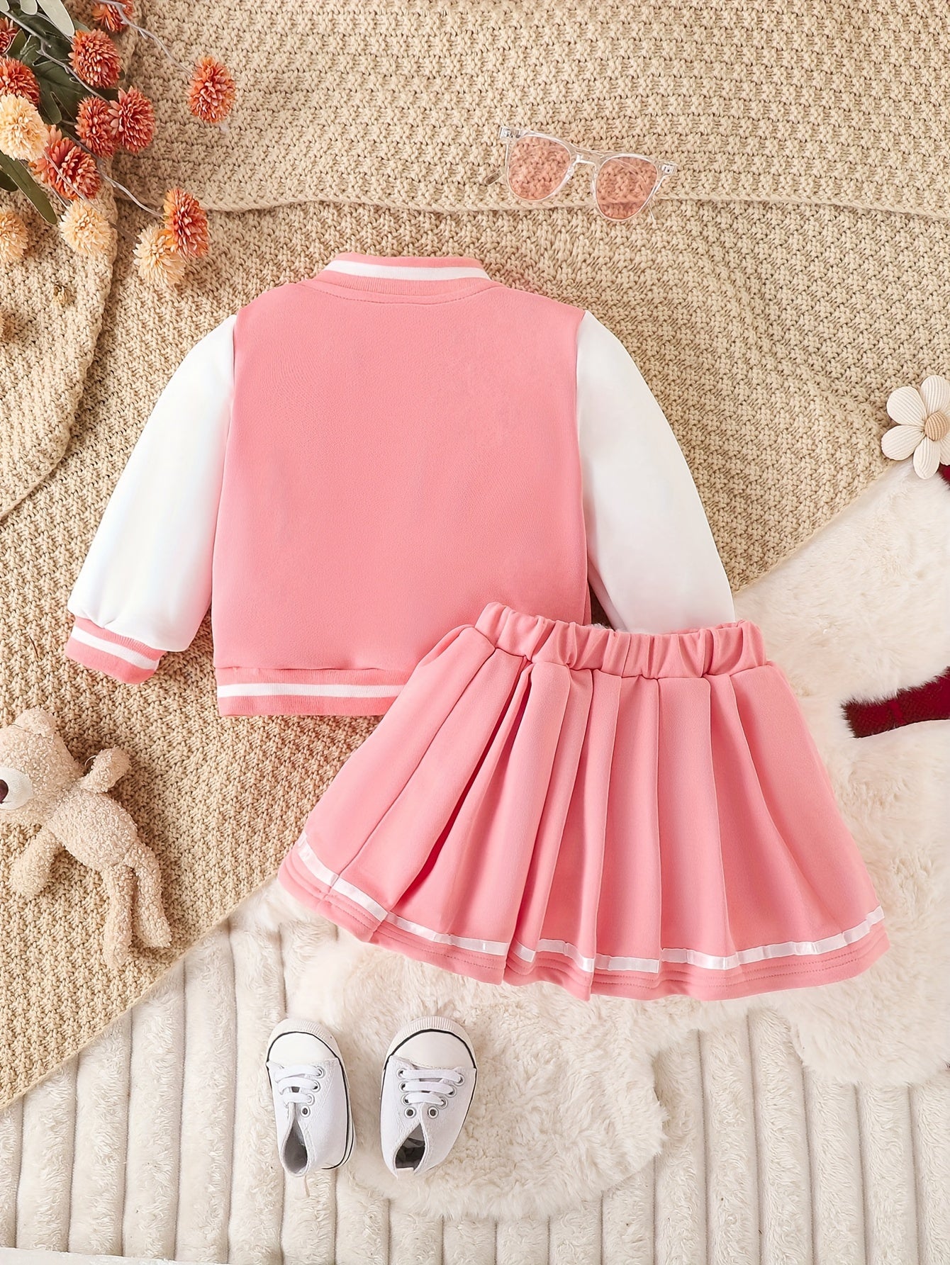 Girls' Baseball Jacket & Preppy Pleated Skirt Set