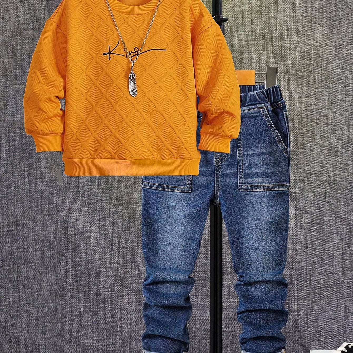 Boys' Long Sleeve Orange Crew Neck Sweat & Casual Jeans Set