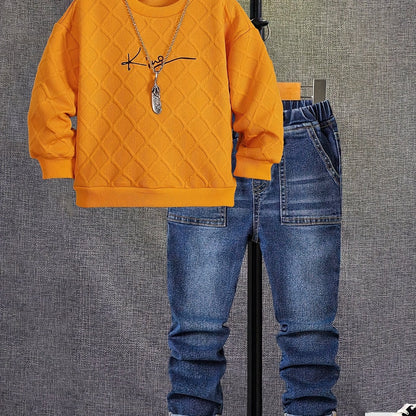 Boys' Long Sleeve Orange Crew Neck Sweat & Casual Jeans Set