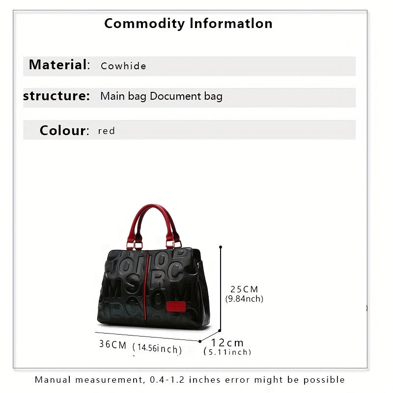 Genuine Leather Shoulder Handbag - Black with Red Accents