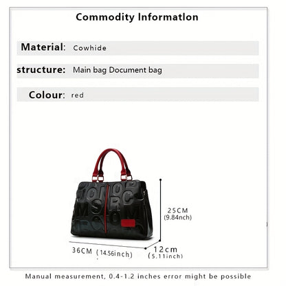 Genuine Leather Shoulder Handbag - Black with Red Accents