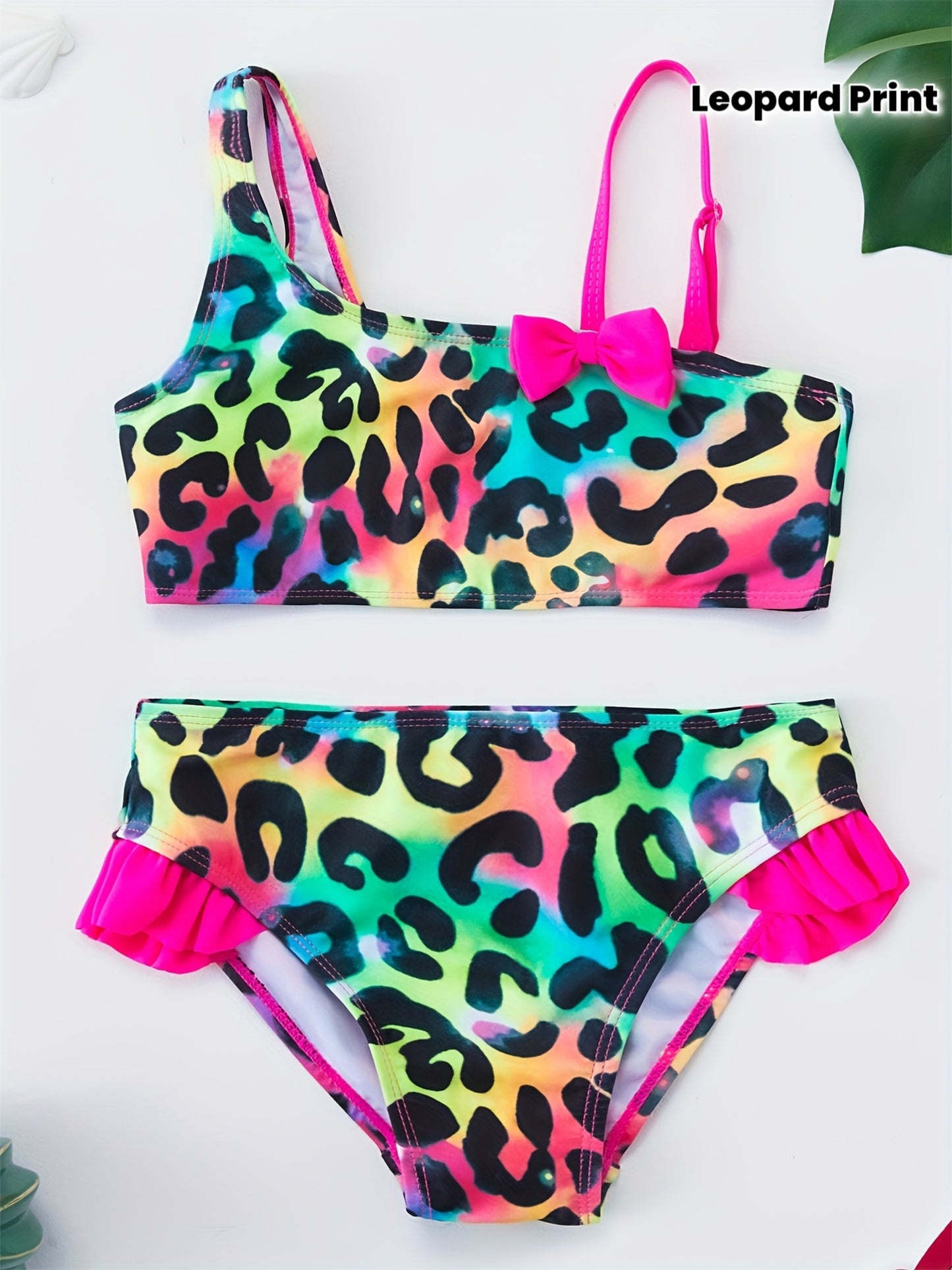 Summer Fashionable Off-shoulder Cute Butterfly Bow Leopard Print Girls Bikini