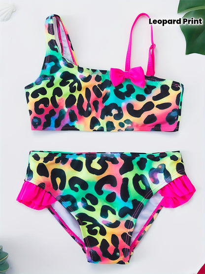 Summer Fashionable Off-shoulder Cute Butterfly Bow Leopard Print Girls Bikini