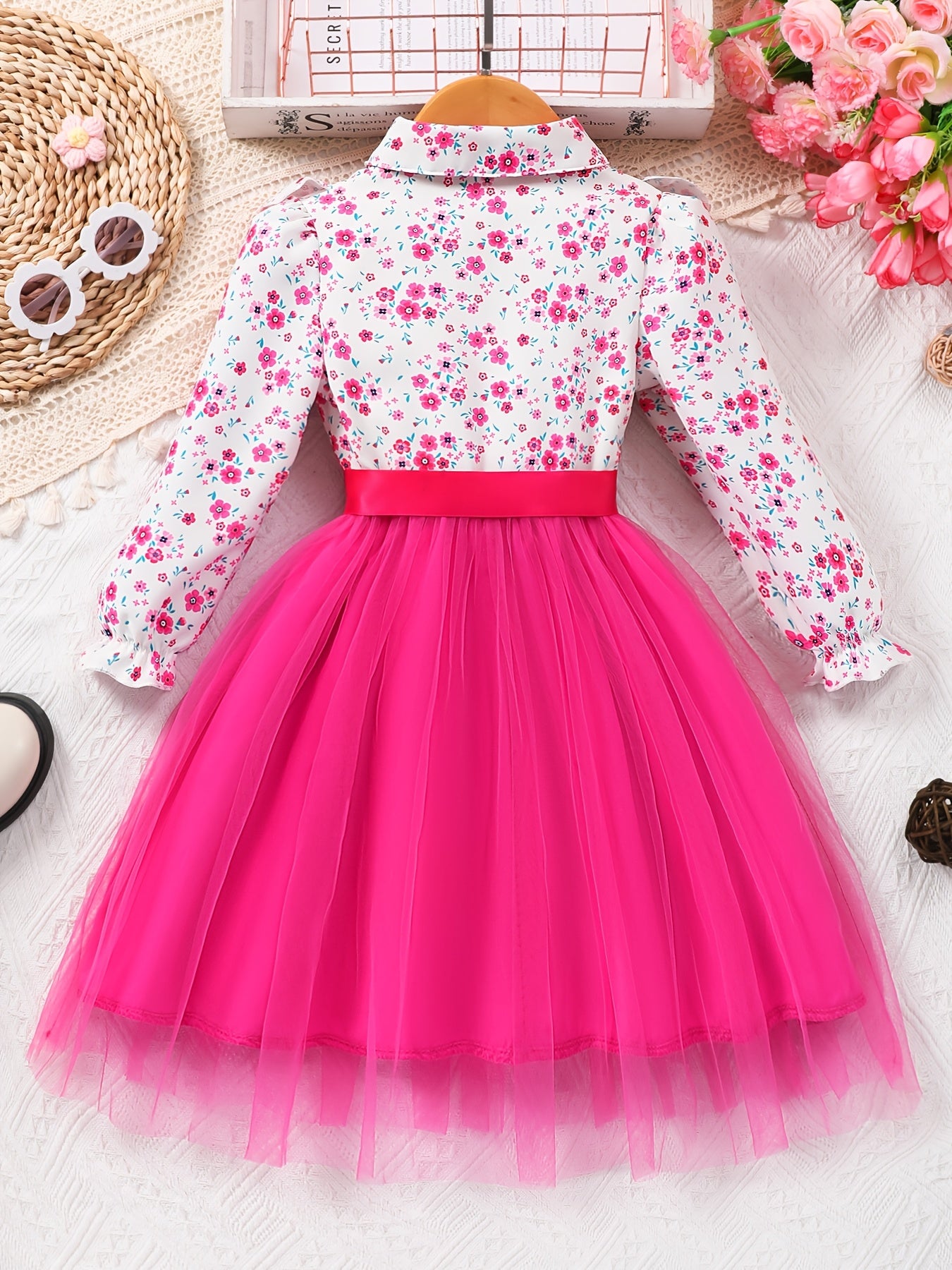 Mint Green Elegant Floral Print Long Sleeve Dress with Belt