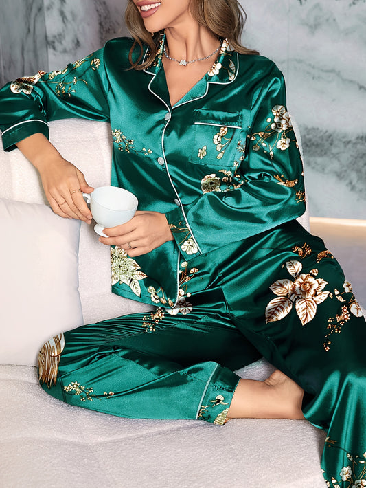 Floral Print Satin Casual Pajama Set, Long Sleeve Buttons Lapel Top & Pants, Comfortable Relaxed